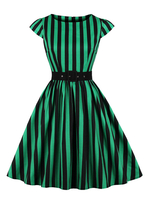 Frauen Retro Kleid 1950er Jahre Green Stripes Kurzarm Baumwolle Vintage Rockabilly Kleid