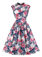 Frauen Retro Kleid 1950er Jahre Jewel Neck Ärmelloses Blumendruck Rockabilly Midi Kleid