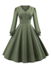 Frauen Retro Kleid 1950er Jahre V-Ausschnitt geknöpft Langarm Langes Swing Kleid