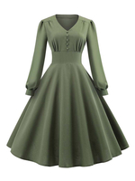 Frauen Retro Kleid 1950er Jahre V-Ausschnitt geknöpft Langarm Langes Swing Kleid