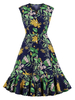 Frauen Retro Kleid 1950er Jahre V-Ausschnitt Ärmelloses Blumendruck Rockabilly Kleid Vintage Midi Kleid