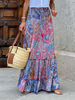 Frauen Rock Blaue Rüschen Blumendruck Lange Hosen mit erhöhter Taille