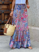 Frauen Rock Blaue Rüschen Blumendruck Lange Hosen mit erhöhter Taille