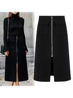 Frauen Rock Schwarz Polyester Lang Hoch Tief Design Herbst und Winter Bottoms