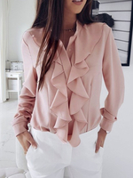 Frauen Rosa Bluse Chiffon Kaskadierende Rüschen Juwelenhals Langarm Casual Shirt