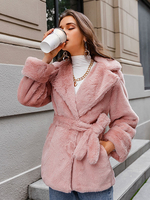 Frauen Rosa Kunstpelzmäntel Langarm Klassischer Turndown-Kragen Winterpelzmantel