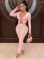 Frauen rosa zweiteilige Sätze Polyester Schnür sexy sexy Ärmel Outfit