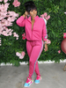 Frauen Rose Red zweiteilige Sets Baumwollmischung Turndown-Kragen Langarm Reißverschluss Casual Outfit