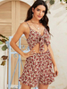 Frauen Rot gedruckt V-Ausschnitt Ärmellose Schnürspaghettiträger Polyester Loose Summer Playsuit