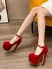 Frauen Rot Sexy High Heels Runde Zehen Chunky Heel Sexy Schuhe