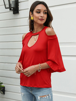 Frauen rote Bluse Juwel Hals kalte Schulter ausgeschnitten Casual Shirt