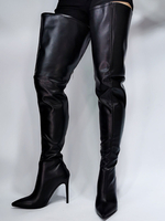 Frauen schwarz über dem Knie Stiefel Leder spitzen Zehen Artwork Muster Sky High Heel