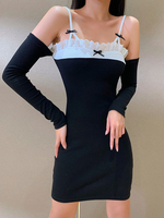 Frauen Schwarz Bodycon Kleider Bowknot Langarm Baumwolle Sexy Slim Fit Kleid