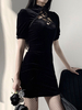 Frauen Schwarz Bodycon Kleider Kurzarm Korean Velvet Cheongsam Kurzkleid