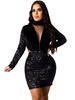 Frauen schwarz Club Kleid High Collar Sexy Pailletten Langarm Velours Sexy Bodycon Kleid