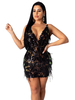 Frauen schwarz Club Kleid Riemen Hals Federn ärmelloses Polyester bedrucktes rückenfreies sexy Kleid