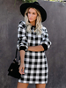 Frauen schwarz Etuikleider mit langen Ärmeln Plaid beiläufige Jewel Neck Maxi-Shift-Tunikakleid