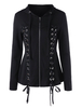 Frauen Schwarz Hoodie Langarm-Schnürung Straps Full Zip Hooded Jacket