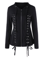 Frauen Schwarz Hoodie Langarm-Schnürung Straps Full Zip Hooded Jacket