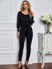 Frauen Schwarz Jumpsuit Jewel Neck Lange Ärmel Ausgeschnittener Polyester Skinny Summer Playsuit