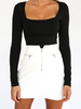 Frauen Schwarz Langarm T-Shirt Polyester Sexy Shirt