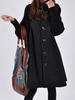 Frauen schwarz Mantel übergroßen Button Up Stehkragen Woolen Swing Coat