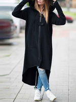 Frauen Schwarz Mantel Longline Kapuzenmantel High Low Baumwollmischung Lässig Mantel