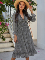 Frauen Schwarz Maxikleider Langarm Bedrucktes Polyester Sommer Maxikleid