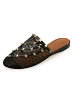 Frauen Schwarz Mules Mesh Runde Zehennieten Backless Mule Schuhe
