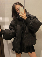 Frauen Schwarz Puffer Mäntel Kurz Hoher Kragen Reißverschluss Langarm Lässig Normal Wintermantel Oberbekleidung