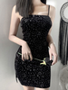 Frauen Schwarz Split Kleider Ärmelloses Galaxy Geometric Velour Bodycon Kurzes Kleid