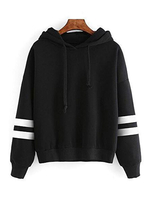 Frauen schwarz Sweatshirt Langarm gestreiften Kordelzug Baumwolle mit Kapuze Pullover Top