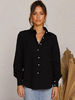 Frauen schwarze Bluse Baumwolle Turndown Kragen Langarm Knöpfe Casual Shirts