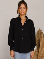 Frauen schwarze Bluse Baumwolle Turndown Kragen Langarm Knöpfe Casual Shirts
