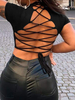 Frauen Schwarze Bluse Kurze Ärmel Polyester Backless Lace Up Jewel Neck T-Shirt