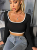 Frauen Schwarze Bluse Langarm Polyester Farbblock Rückenloser Juwelenhals Sexy Top
