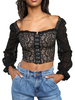 Frauen schwarze Bluse Retro Spitze Vierkanthals Langarm Ösen T-Shirts