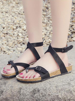 Frauen Schwarze flache Sandalen Schnalle Kunstleder Open Toe Flip Flop Sandalen