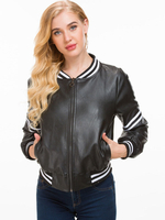 Frauen schwarze Jacke Full Zip gestreifte PU-Lederjacke