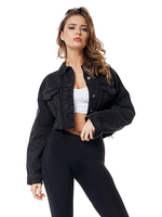 Frauen schwarze Jacke Polyester Baumwolle Denim Frontknopf Langarm Kurz Cowboy Jacke