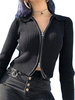 Frauen schwarze Jacke Turndown Kragen stricken Freizeitjacke