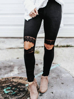 Frauen schwarze Leggings aus Spitze elastische Taille dünne Leggings ausgeschnitten