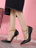 Frauen schwarze Pumps spitze Zehen Ketten Chic PU Leder Stiletto Heels