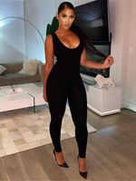 Frauen schwarze Träger Hals ärmellose Polyester Baumwolle Skinny Summer One Piece Outfit Overalls