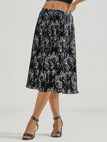 Frauen Schwarzer Rock Plissee Blumendruck Polyester Mittelkalb Länge Gefallene Taille Sommerhosen