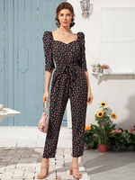 Frauen Schwarzer Schatz Hals 3/4 Länge Ärmel Polyester Tapered Fit Sommer Spielanzug