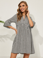 Frauen Schwarzes Midikleid V-Ausschnitt mit halben Ärmeln Plaid Beach Dress Tube Dress