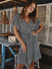 Frauen Schwarzes Sommerkleid Bedrucktes Kurzarm-Baumwoll-Kurzstrandkleid Midikleid