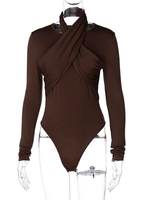 Frauen Sexy Bodysuit Dunkelbraun Langarm Halfter Polyester Casual Top