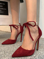 Frauen Sexy High Heels Burgund Spitzzehen Knöchelriemen Perlen Sexy Schuhe